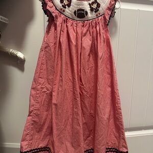 Red Football Gingham Kids Dress with Embroidered Detail